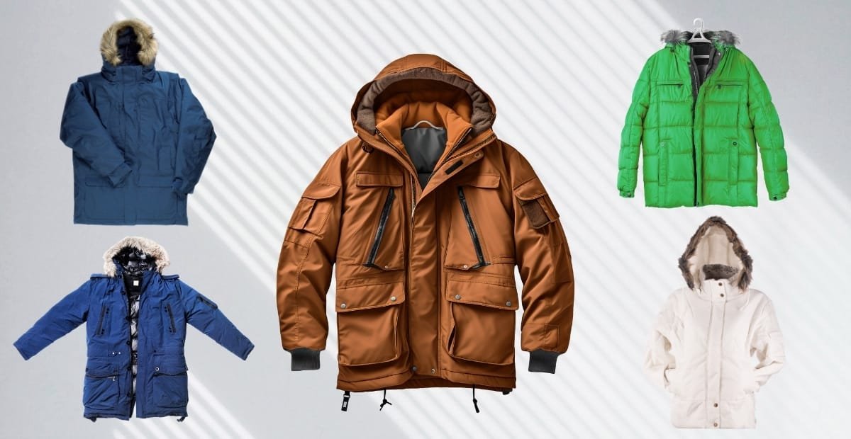 Top Warm Parka Jacket Trends to Brave the Cold in 2025 A collection of five winter jackets including a large central brown parka with multiple pockets and zippers, surrounded by four other jackets in blue, green, navy blue, and white, all displayed against a light background with diagonal shadows.