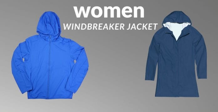 Two women windbreaker jackets, one bright blue with a hood on the left and a darker blue with a hood on the right, displayed against a gray background with text indicating 