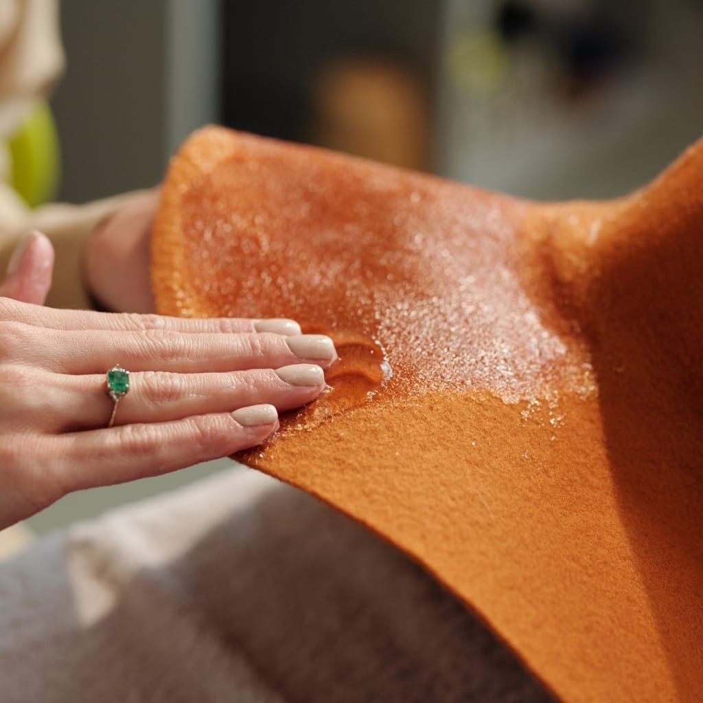 Close-up of a person's hand with a ring, gently pressing on a piece of top grain buffalo leather, emphasizing its texture and softness.