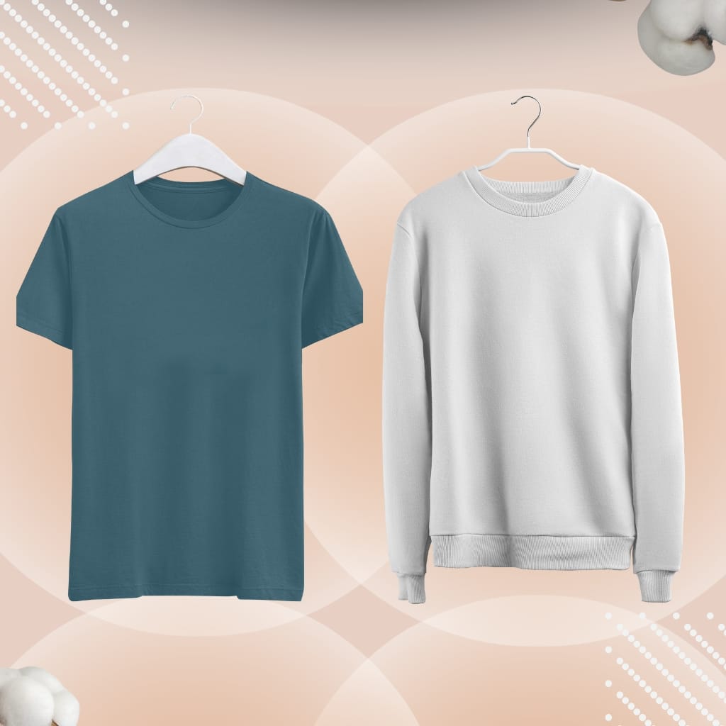 Two plain cotton shirts hanging on white hangers: a teal short-sleeve T-shirt on the left and a light gray crew-neck sweatshirt on the right, set against a peach geometric background. "cotton fabric in clothing"