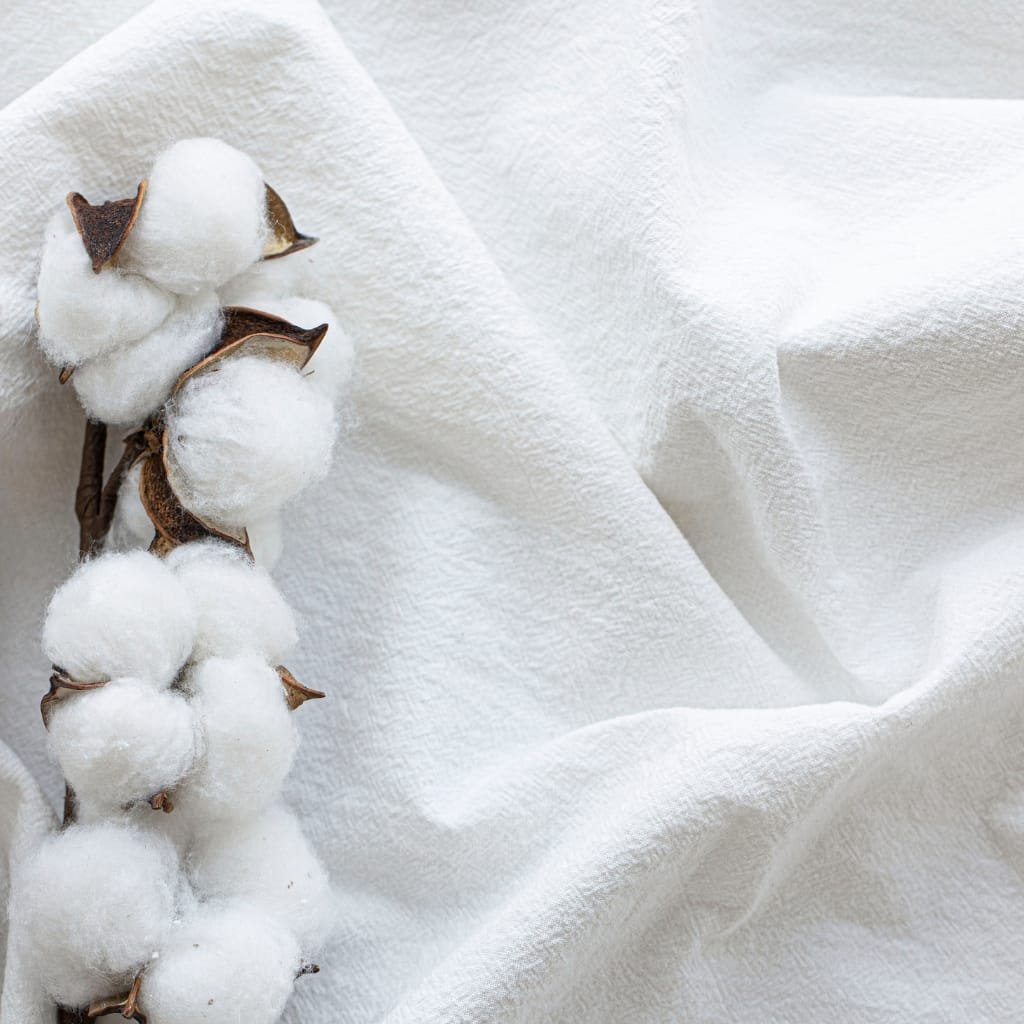 A close-up of a cotton branch with fluffy white cotton bolls resting on a textured white fabric.