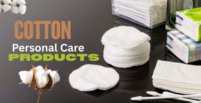 Cotton personal care products: cotton pads, cotton balls, cotton swabs, and packaged tissues on a dark surface.