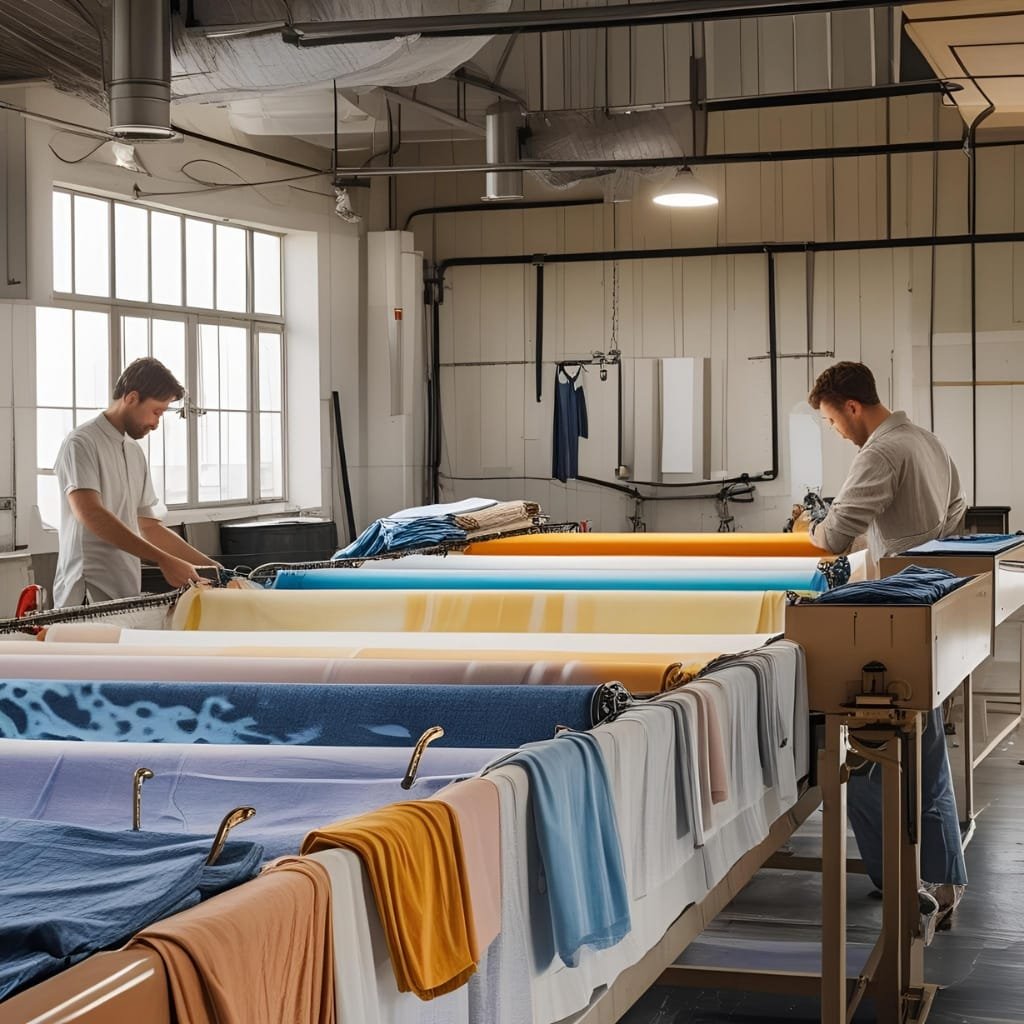 A textile dyeing and finishing station with vats, rollers, and racks of fabric—workers or machines apply color and finish to cotton fabric in a controlled industrial setting.