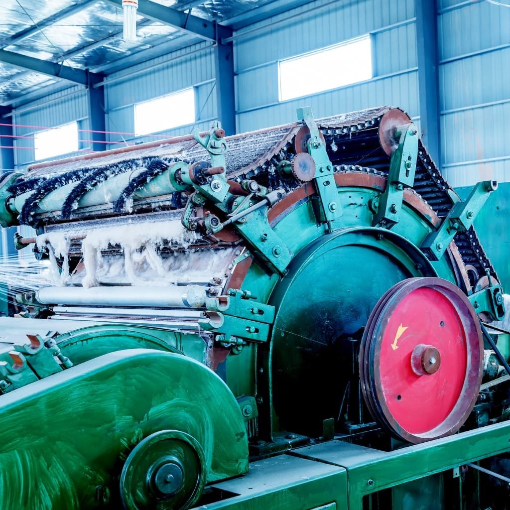A large industrial cotton gin in a processing facility, with green-painted machinery, red drive wheel, and belts/rollers. The scene is indoors with bright, cool-toned lighting.