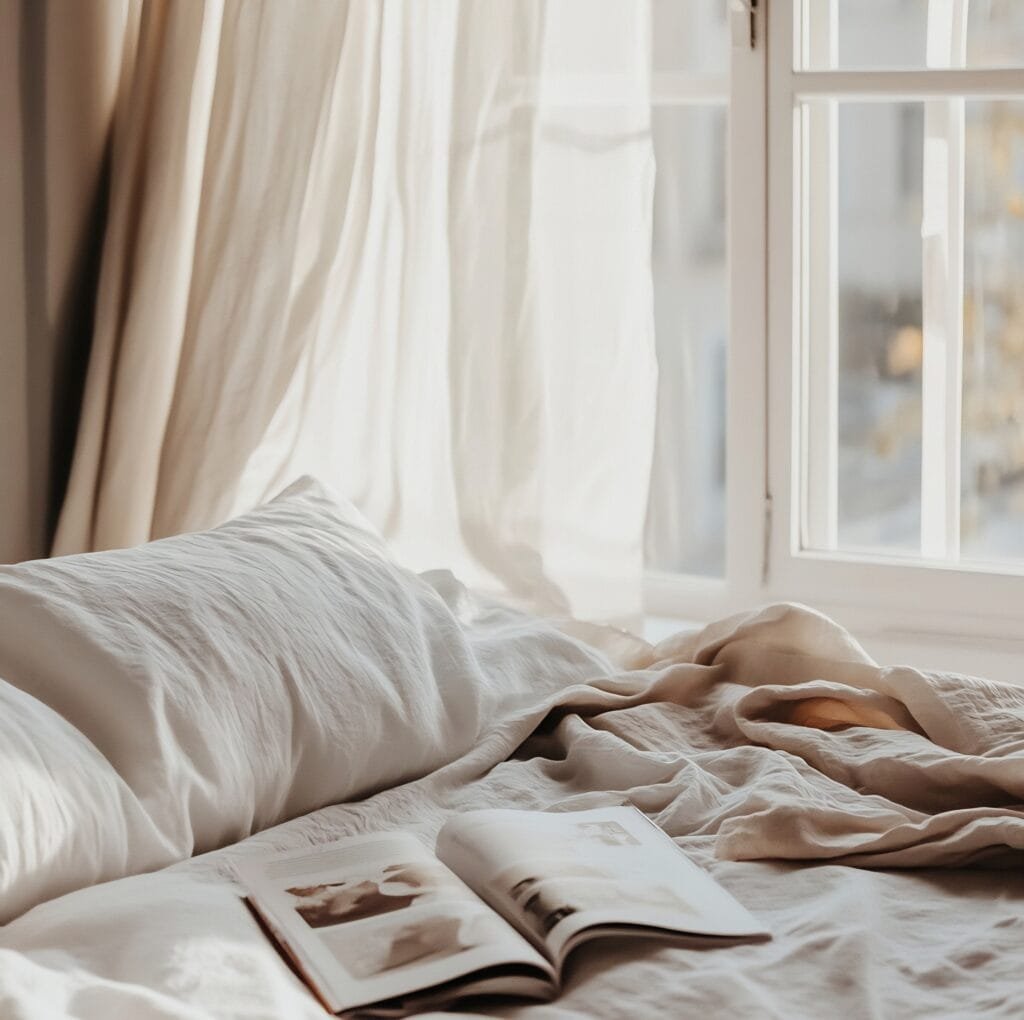 A sunlit bedroom with a neatly made bed in soft, creamy linen. The bed is topped with white sheets and a light beige blanket, while a magazine lies open on the bed. Large windows with sheer curtains allow natural light to pour in, creating a calm, serene atmosphere.