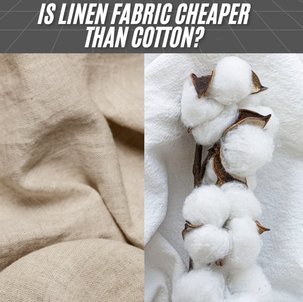 A split image showing two fabrics side by side. Left side features close-up beige linen fabric with a natural, slightly textured weave. Right side shows white cotton fabric in the background with cotton bolls in the foreground, highlighting the fluffy cotton fibers.