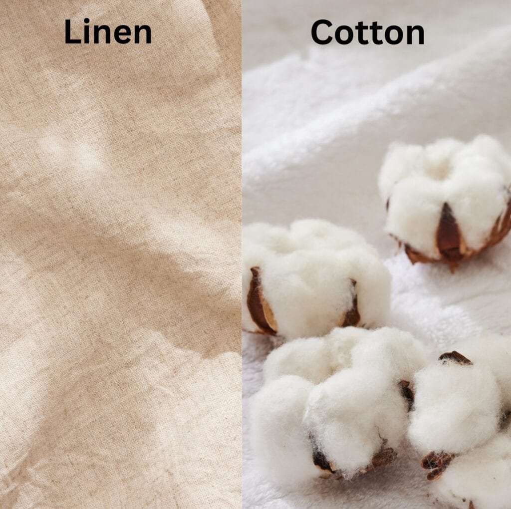 A split-image comparing fabrics: on the left, close-up of beige linen with a natural, slightly textured weave; on the right, a soft white cotton fabric with fluffy cotton bolls visible in the background, suggesting a clean, breathable surface.