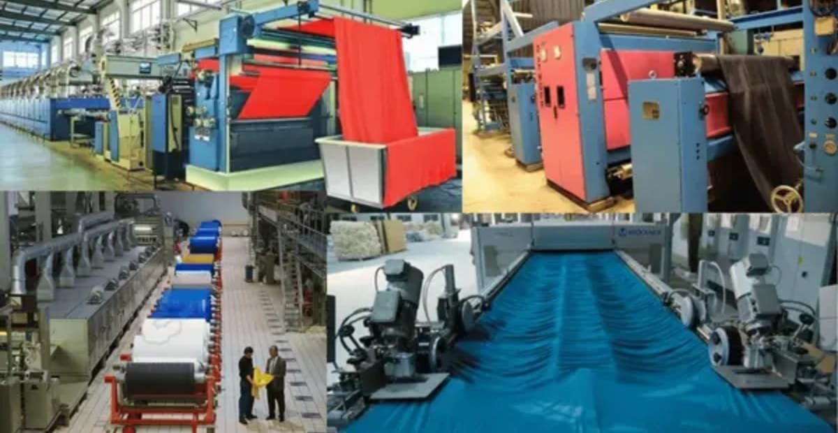 Polyester Fabric Finishing: Processes and Importance A collage of four textile factory scenes showing large weaving and dyeing machinery. Top left and top right depict industrial printers/loom setups with red and blue components. Bottom left shows a production line with oversized spools and workers, and bottom right features a bright blue fabric moving through automated processing equipment.