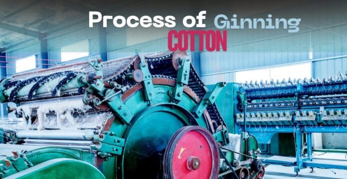 Industrial cotton gin machine in a factory setting, with belts and rotating components used to separate cotton fibers from seeds.