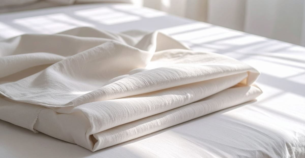 Sheeting Linen Fabric: A Sustainable Choice for Modern Living A neatly folded stack of white linen sheeting lies on a bright, sunlit surface.