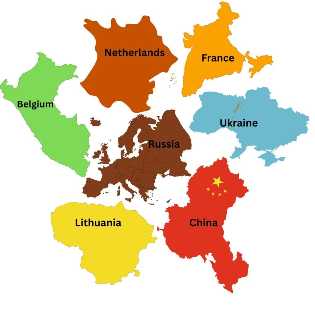 A color-coded map of Europe and parts of Asia highlighting the world’s largest linen fabric producers: Belgium, Netherlands, France, Russia, Ukraine, China, Lithuania, and Egypt/China region. Each country is filled with a distinct color and labeled with its name.