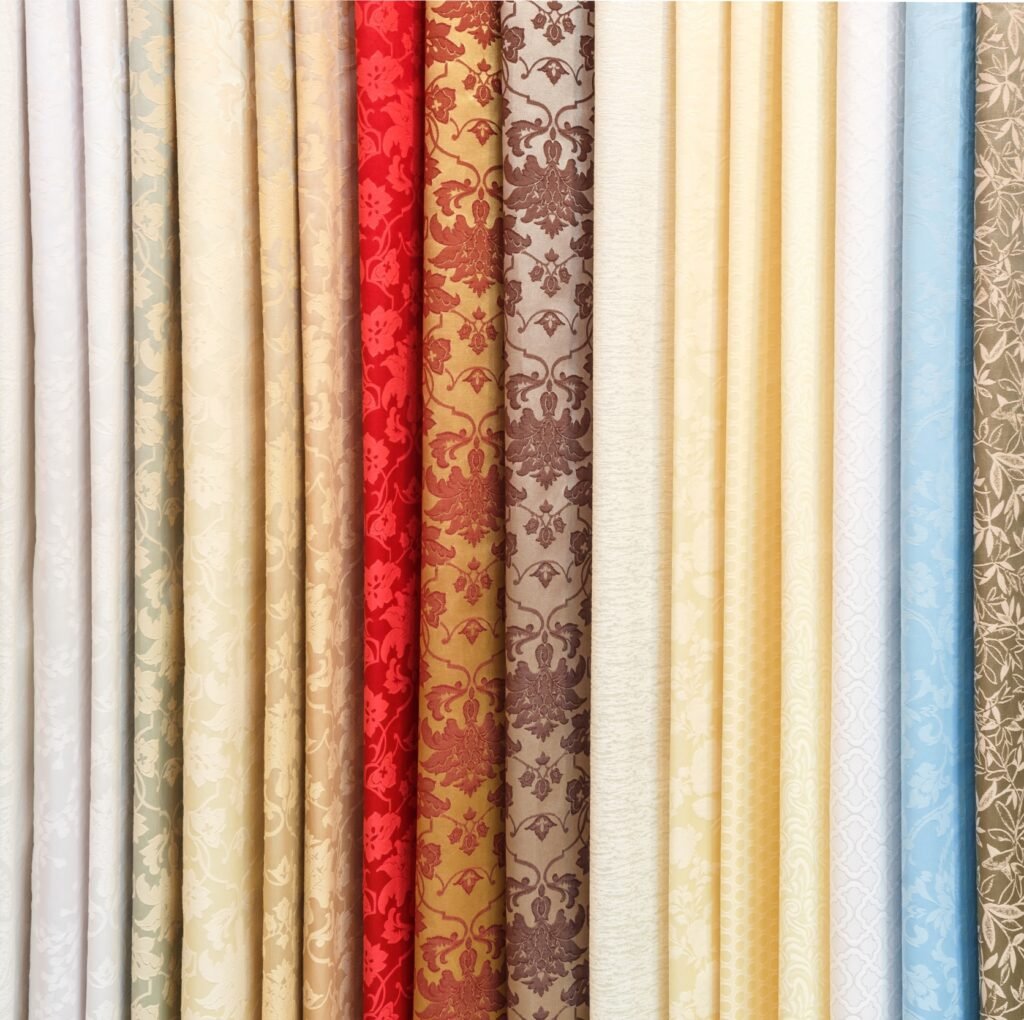 A row of luxurious damask upholstery fabrics in a soft, varied palette, showing intricate floral patterns on linen-like textiles in cream, beige, taupe, gold, red, brown, and light blue tones.