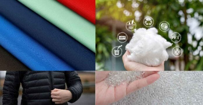 Composite image showing four sections: colorful fabric swatches, a hand holding cotton with recycling symbols, a person wearing a black puffer jacket, and a hand touching soap bubbles.