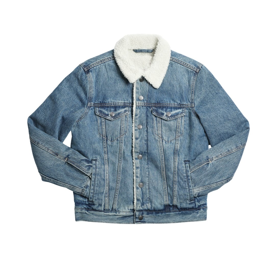 Blue denim jacket with a white shearling collar, metal buttons, and front pockets, displayed against a white background.