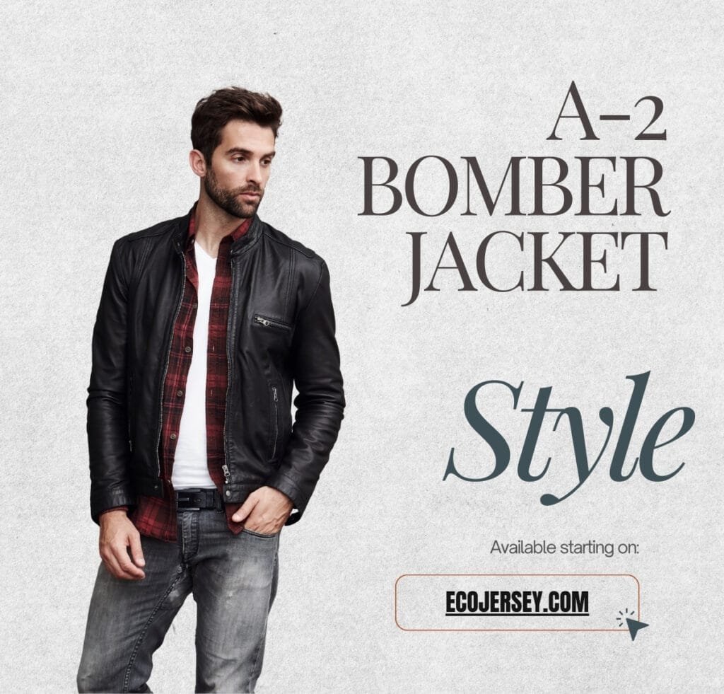 A man wearing a black leather bomber jacket over a red plaid shirt and white tee, standing against a light gray textured background.