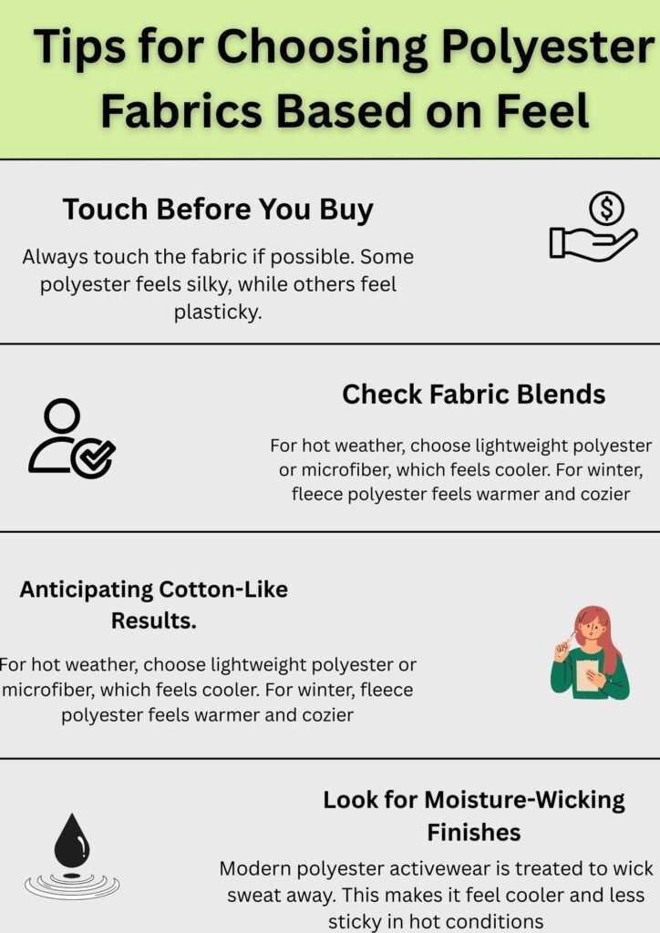 Alt Text:
Infographic titled "Tips for Choosing Polyester Fabrics Based on Feel," showing four key tips with icons: touch before buying, check fabric blends, anticipate cotton-like results, and look for moisture-wicking finishes.
Caption:
Tips for choosing the right polyester fabric by feel, including touching before purchase, checking blends, anticipating cotton-like results, and selecting moisture-wicking finishes.
Description:
This infographic provides practical advice for shoppers on how to choose polyester fabrics based on their texture and comfort. It highlights four main tips: