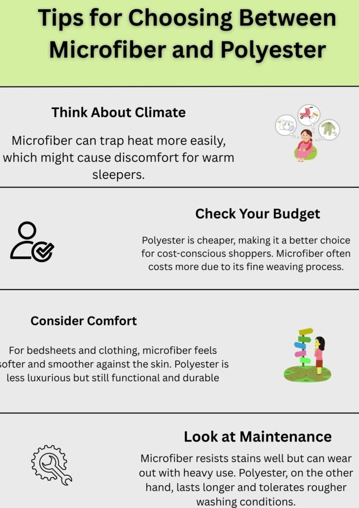 Alt Text:
Infographic showing tips for choosing between microfiber and polyester, covering climate, budget, comfort, and maintenance considerations.
Caption:
Tips for choosing between microfiber and polyester fabrics, comparing climate suitability, cost, comfort, and maintenance.
Description:
This infographic provides practical tips for deciding between microfiber and polyester fabrics. It highlights four key factors: