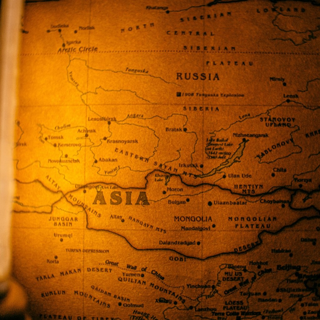 A vintage map showing Asia with emphasis on Russia, Siberia, and surrounding regions including Mongolia and the Gobi Desert.