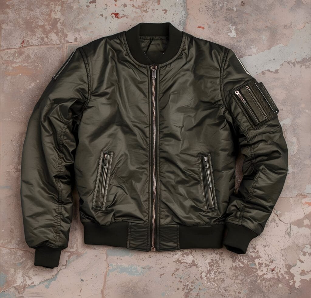 “Black B-3 bomber jacket with front zipper, ribbed cuffs and hem, multiple zippered pockets, and a rugged matte finish.”