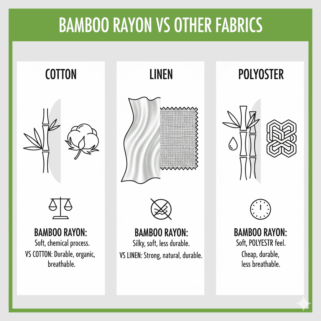 Comparison of Bamboo Rayon with Cotton, Linen, and Polyester.