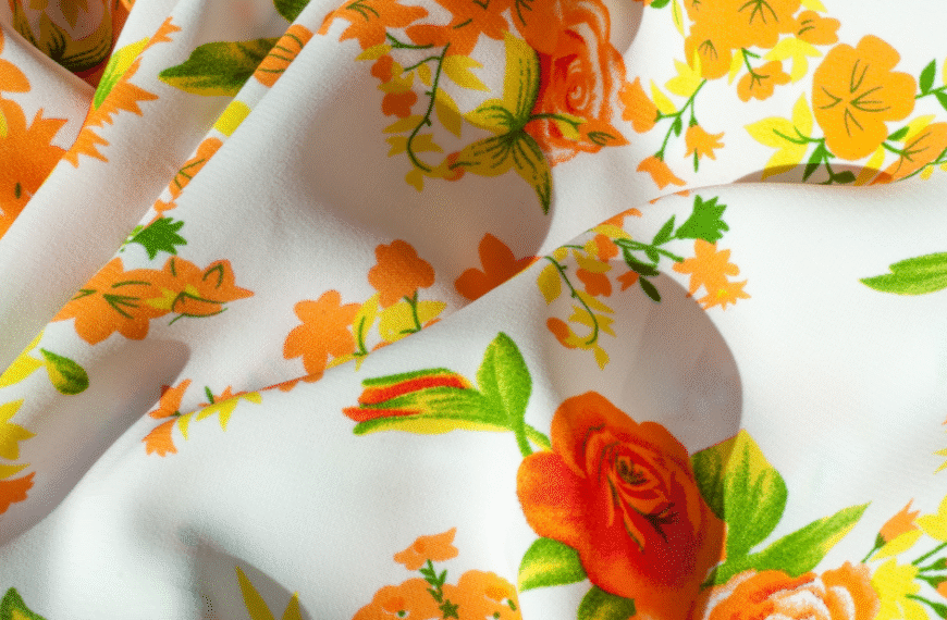 White fabric with bright orange and yellow floral pattern, showing folded and draped sections.
