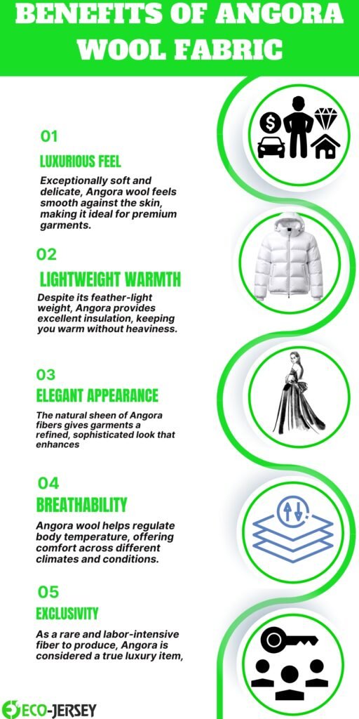 infographic titled ‘Benefits of Angora Wool Fabric’ with a bright green and white theme. A vertical sequence shows five benefits with numbered headings and brief descriptions: 01 Luxurious Feel, 02 Lightweight Warmth, 03 Elegant Appearance, 04 Breathability, 05 Exclusivity. Each benefit is paired with circular images on the right (icons and product pictures) and green circular borders, plus the Eco-Jersey logo at the bottom left.