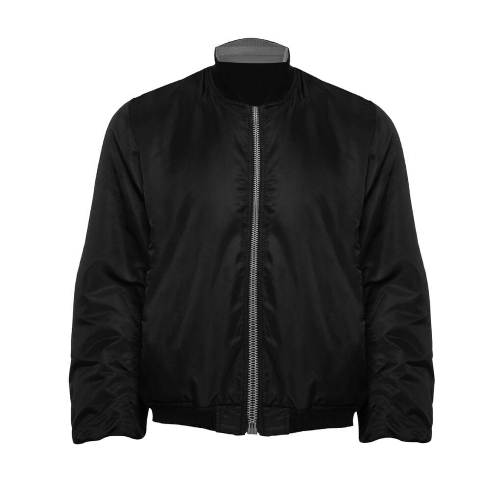 A black nylon bomber jacket with a silver front zipper, ribbed cuffs and waistband, and a minimalist collar.
