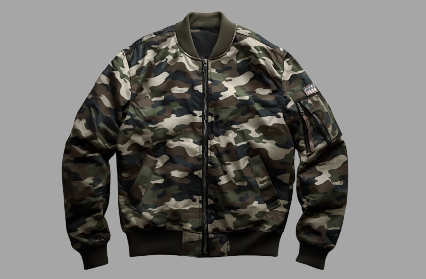 A camouflage-patterned bomber jacket with a front zipper, ribbed cuffs and hem, two slanted front pockets, and a small zip pocket on the left sleeve. The jacket features earthy green, brown, and beige camouflage tones and a dark green collar.