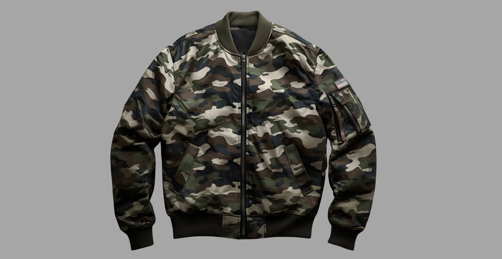 A camouflage-patterned bomber jacket with a front zipper, ribbed cuffs and hem, two slanted front pockets, and a small zip pocket on the left sleeve. The jacket features earthy green, brown, and beige camouflage tones and a dark green collar.