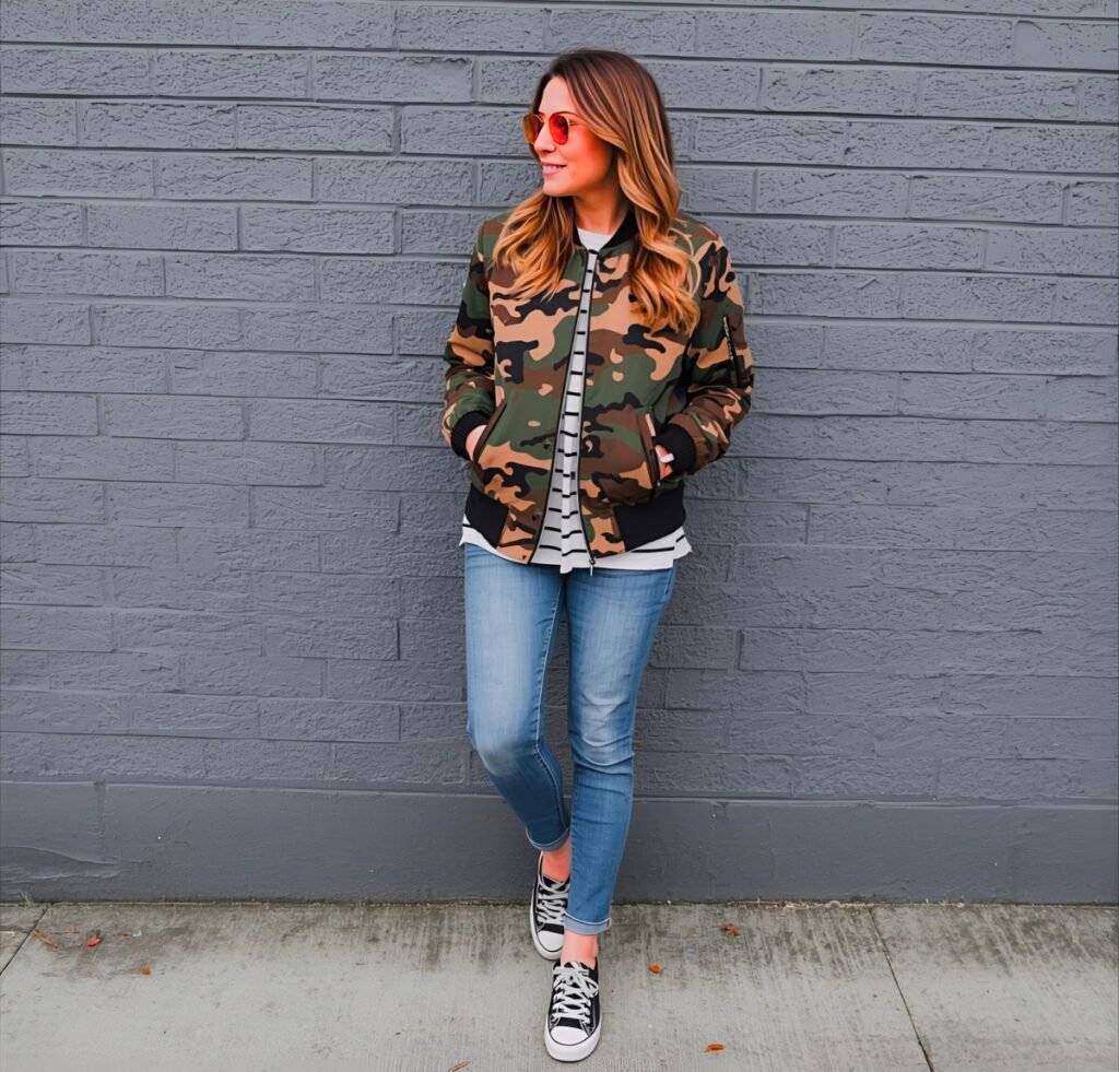 A stylish woman stands against a gray brick wall wearing a camouflage bomber jacket, light-wade jeans, black-and-white sneakers, and red-tinted sunglasses. She has hands in the jacket pockets and looks off to the side.