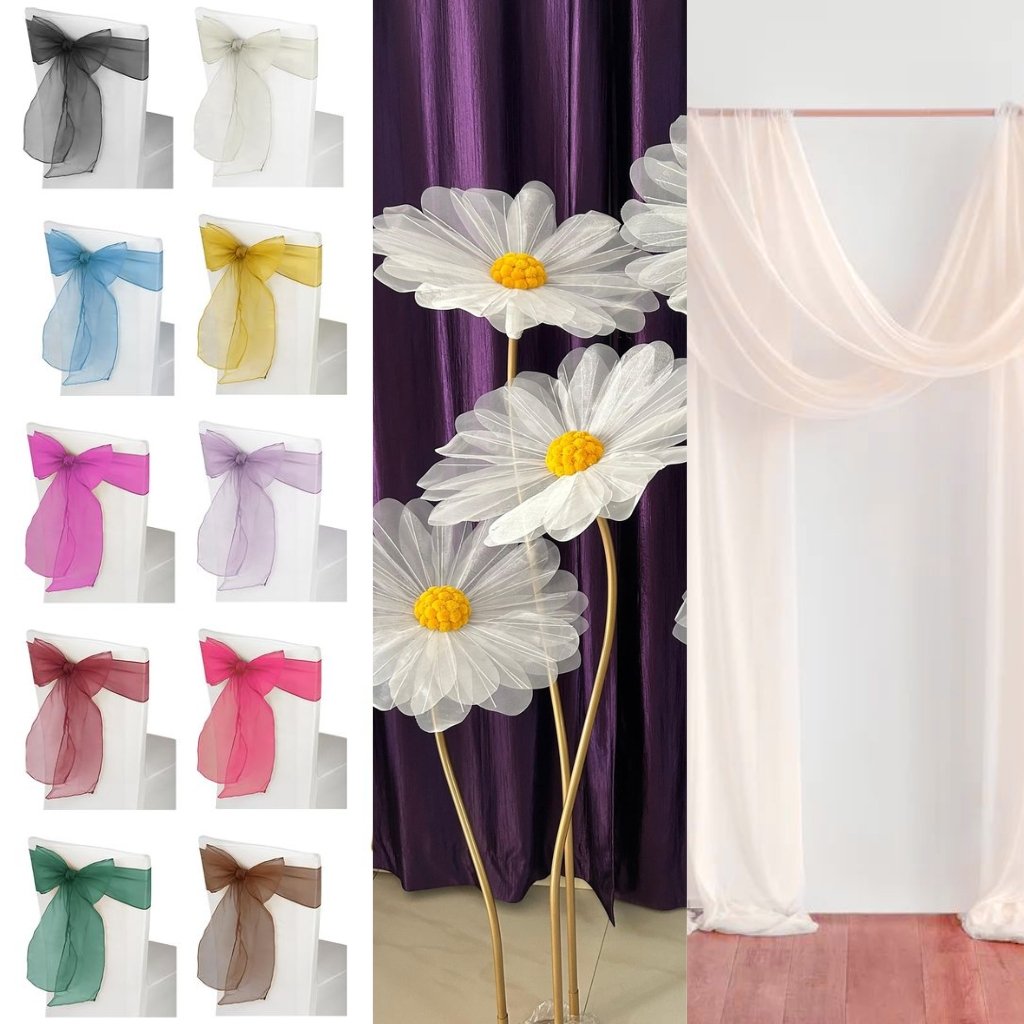 A collage showing an assortment of colorful organza chair sashes on white chairs, a close-up of white matte organza flowers on tall stems against a purple backdrop, and a sheer ivory drape hung as a decorative curtain.