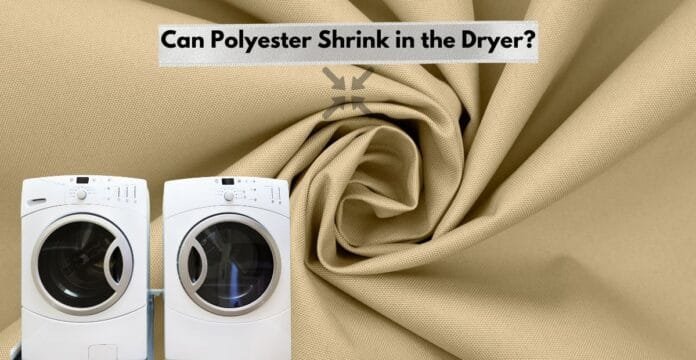 Infographic with washing machines and fabric asking if polyester can shrink in the dryer.