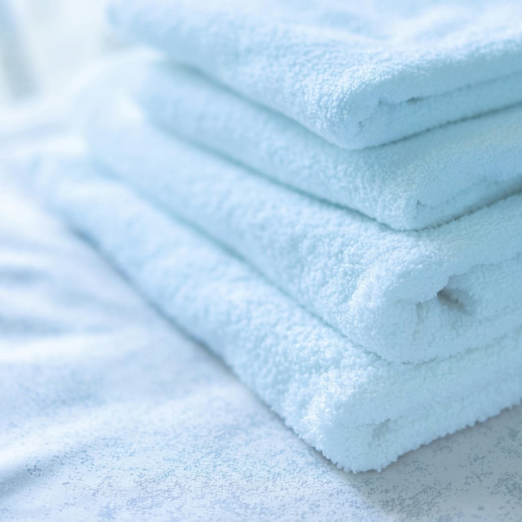 Drill Cotton Fabric: What It Is & How to Use It 9 Stack of light blue towels neatly folded on a soft surface.