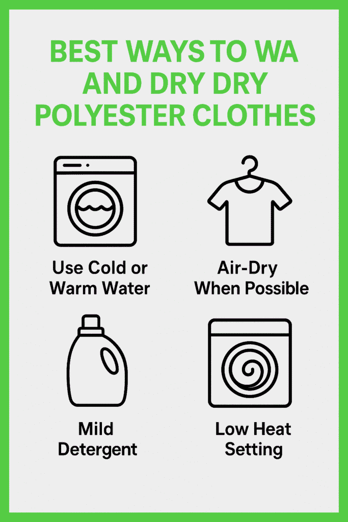 Infographic showing best ways to wash and dry polyester clothes