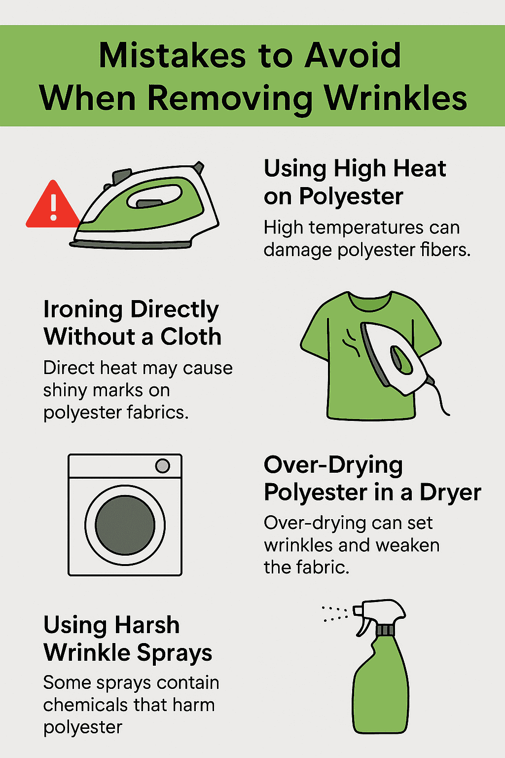 Infographic highlighting mistakes to avoid when removing wrinkles from polyester.