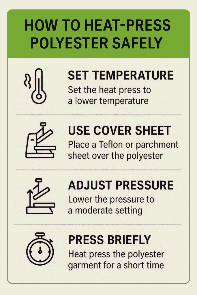 Infographic on safely heat-pressing polyester with key steps. __ Can you heat-press polyester?