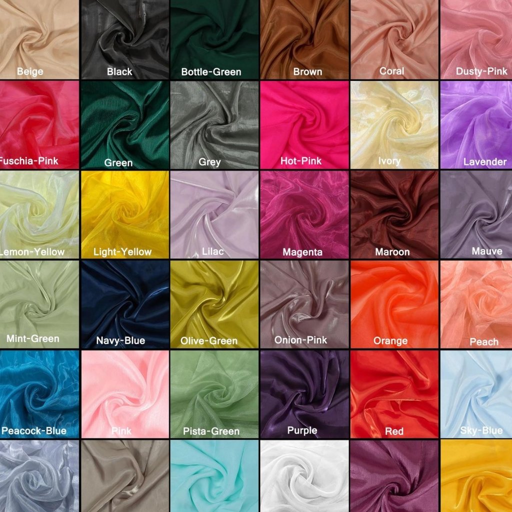 A grid of vibrant matte organza fabric swatches arranged in five rows and seven columns, each swatch labeled with its color name (e.g., Beige, Black, Bottle-Green, Brown, Coral, Dusty-Pink, etc.). The fabrics show soft draping and subtle sheen typical of matte organza