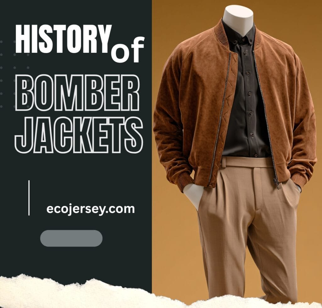 A split-image design featuring bold text on the left that reads “HISTORY of BOMBER JACKETS” and a manikin on the right dressed in a brown bomber jacket, black shirt, and tan trousers against a warm brown backdrop.
