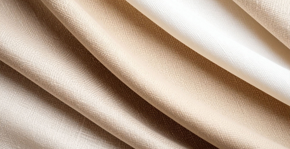 A close-up image of soft, sheer cotton voile fabric in warm beige tones, with delicate folds and a slightly textured surface.