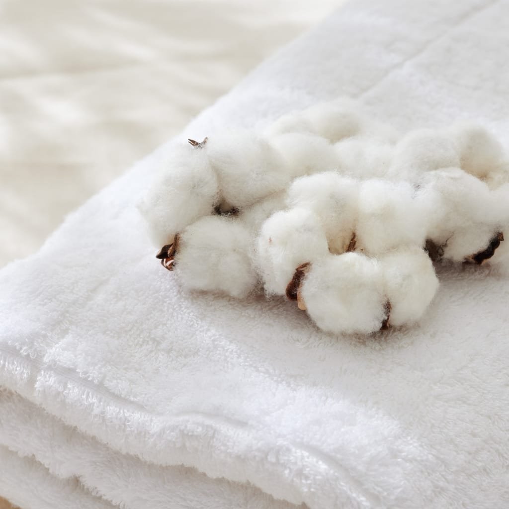 Close-up of white cotton bolls (fiber) in a hand, with soft white towels in the background, evoking cotton production and trade.