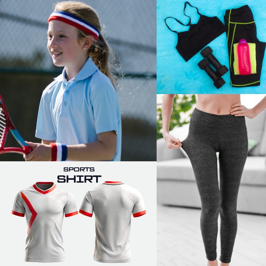 A collage of sports-related items: a smiling girl in a light blue polo shirt holding a racket, athletic gear including a sports bra, dumbbells and a water bottle, a gray pair of leggings, and two white sports shirts with red accents.

