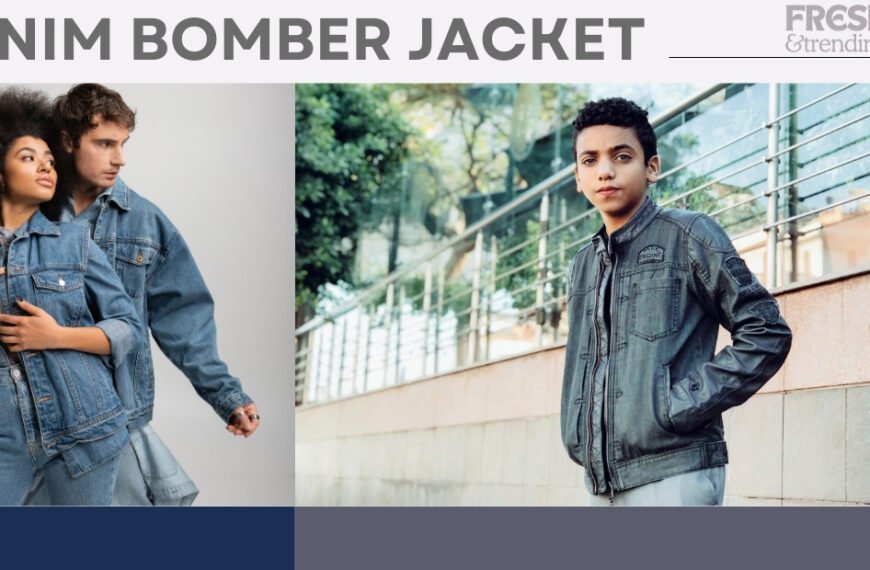 “A collage featuring models wearing denim bomber jackets: two people posing together on the left and a single model standing by a railing on the right.”