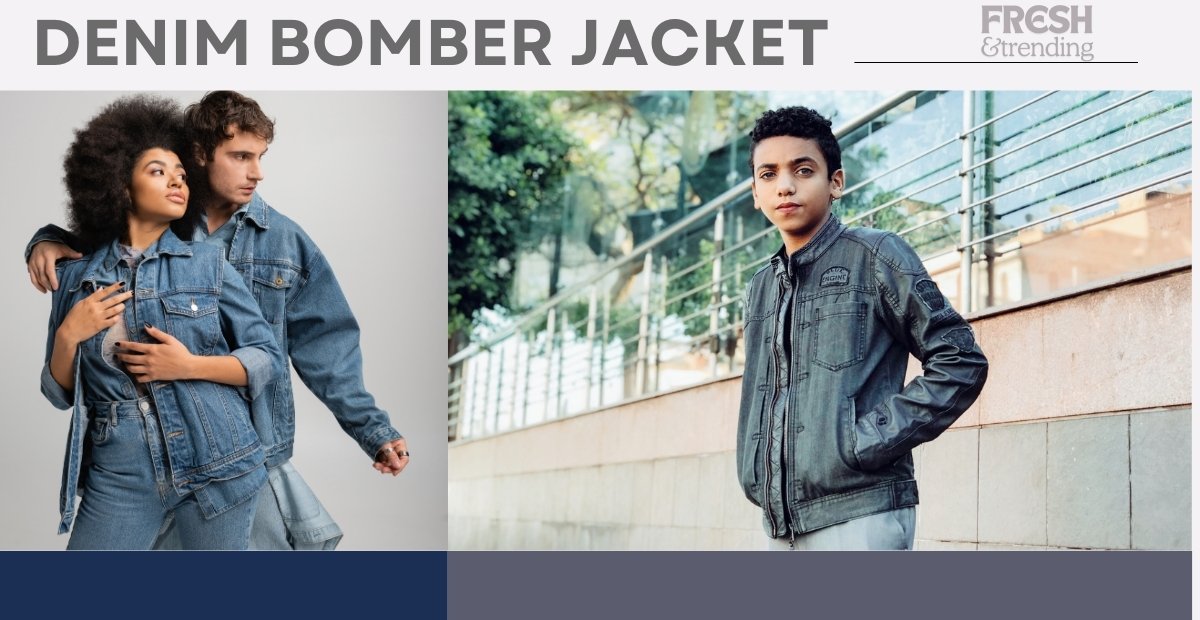 “A collage featuring models wearing denim bomber jackets: two people posing together on the left and a single model standing by a railing on the right.”