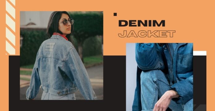 A person wearing a light-wash denim jacket with sunglasses, facing away outdoors, over a peach and black geometric collage background.