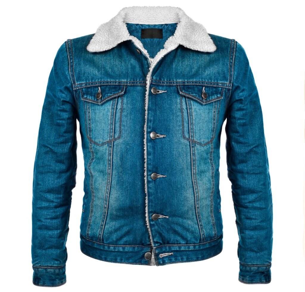 A blue denim bomber jacket with a white faux-sherpa collar, button-front closure, two chest pockets with flaps, and contrast stitching.