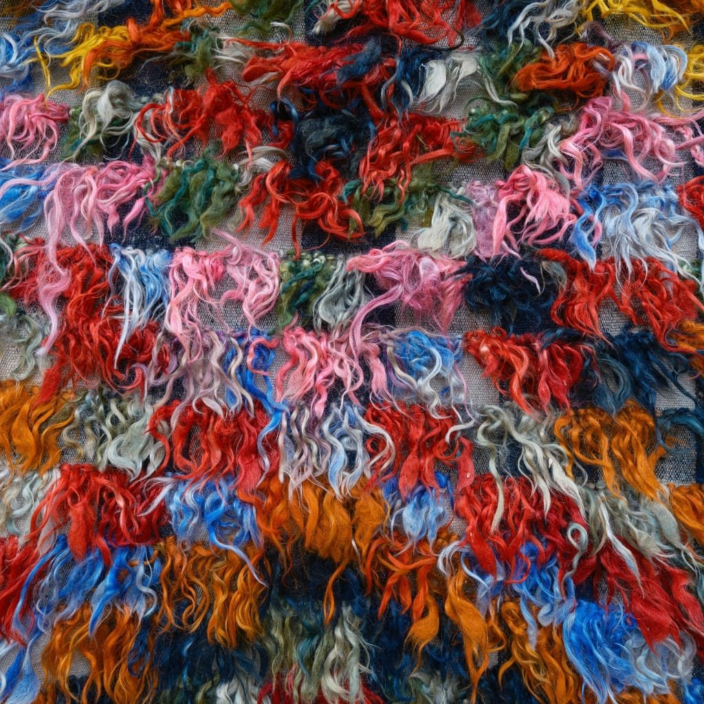 A close-up of a multicolored, fluffy wool fabric with irregular, curly yarn strands in red, orange, blue, pink, green, and gray tones arranged in a dense, textured pattern.
