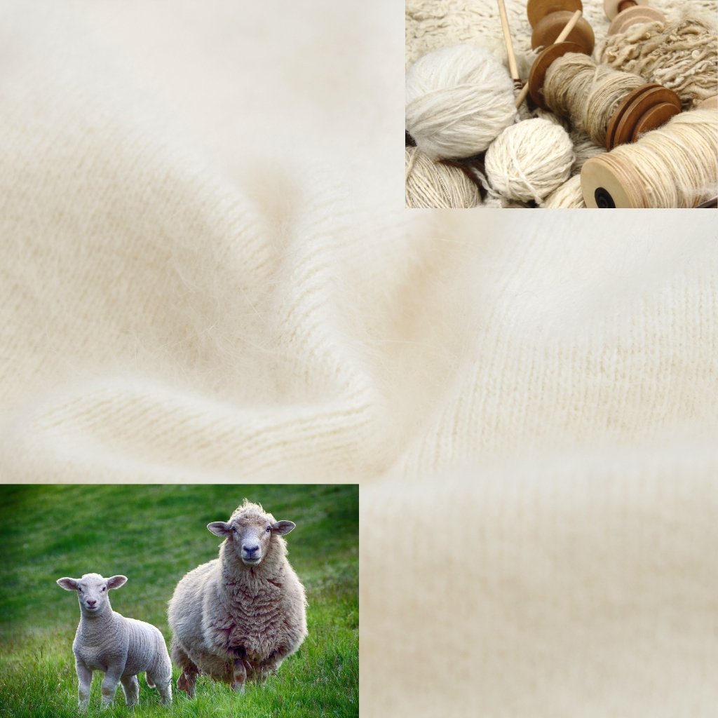 Cream-colored angora wool fabric with a soft, fuzzy texture. Inset image shows skeins of natural angora yarn on wooden spools, and a grassy field with two sheep (one adult and one lamb) in the lower left corner.