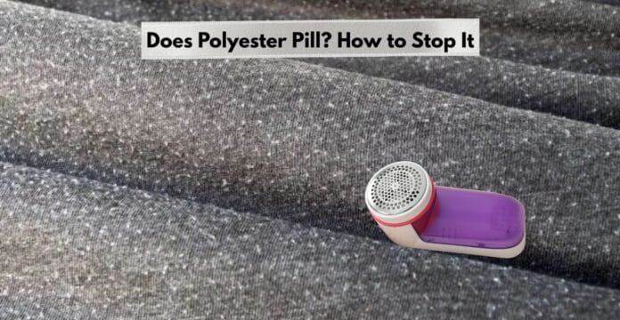 Grey polyester fabric with pilling and a fabric shaver for removal.