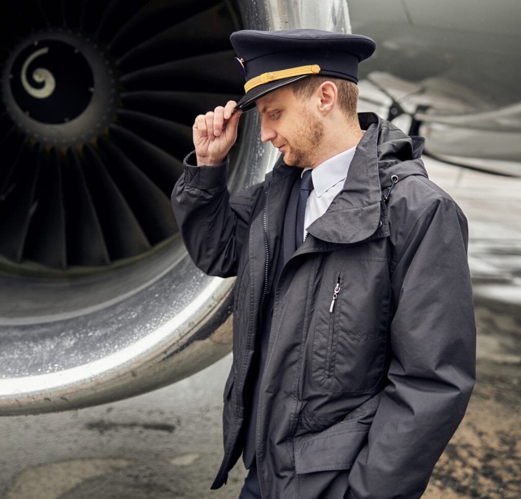 "A man wearing a vintage-style pilot jacket and a peaked cap with a yellow band stands beside a large airplane engine. He adjusts his hat and looks down, conveying a wartime aviation atmosphere."