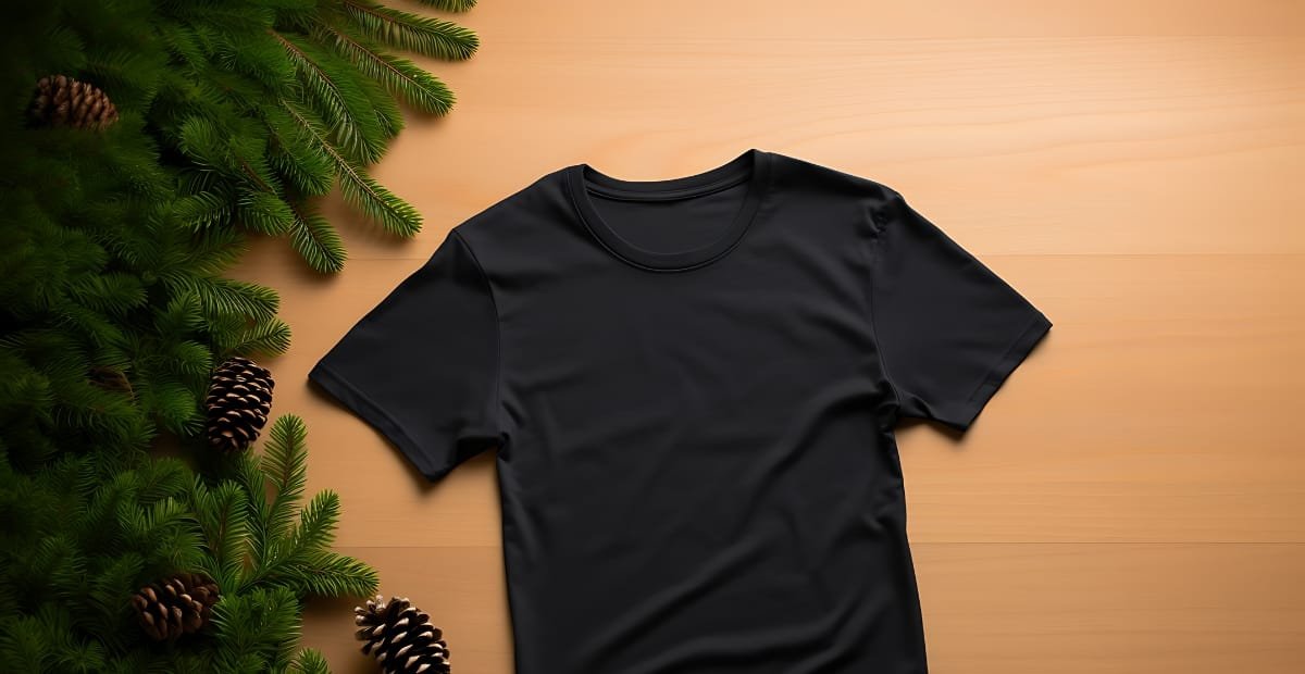 A plain black T-shirt laid flat on a light wooden surface with evergreen branches and pinecones along the left edge.